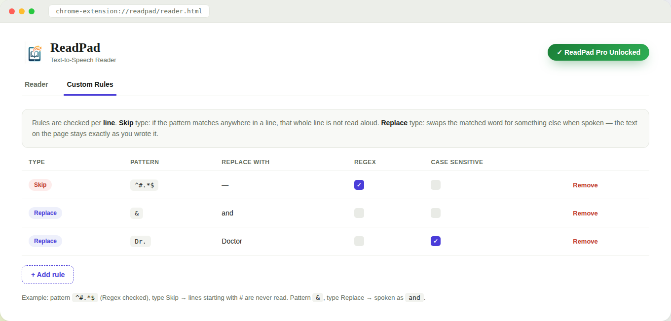 Screenshot of the ReadPad Custom Rules tab: a table of Skip and Replace rules