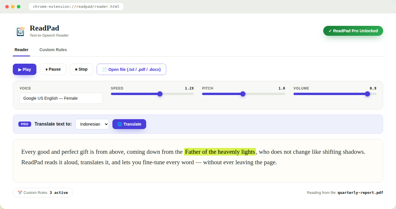 Screenshot of the ReadPad Reader with playback controls, a voice picker, and a reading area with the current phrase highlighted
